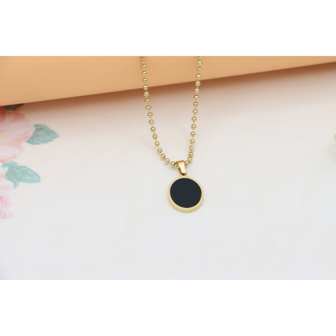 Black Enamel Round Pendant Necklace with Gold Plated Beaded Chain, XPNL0382 (2039-2)