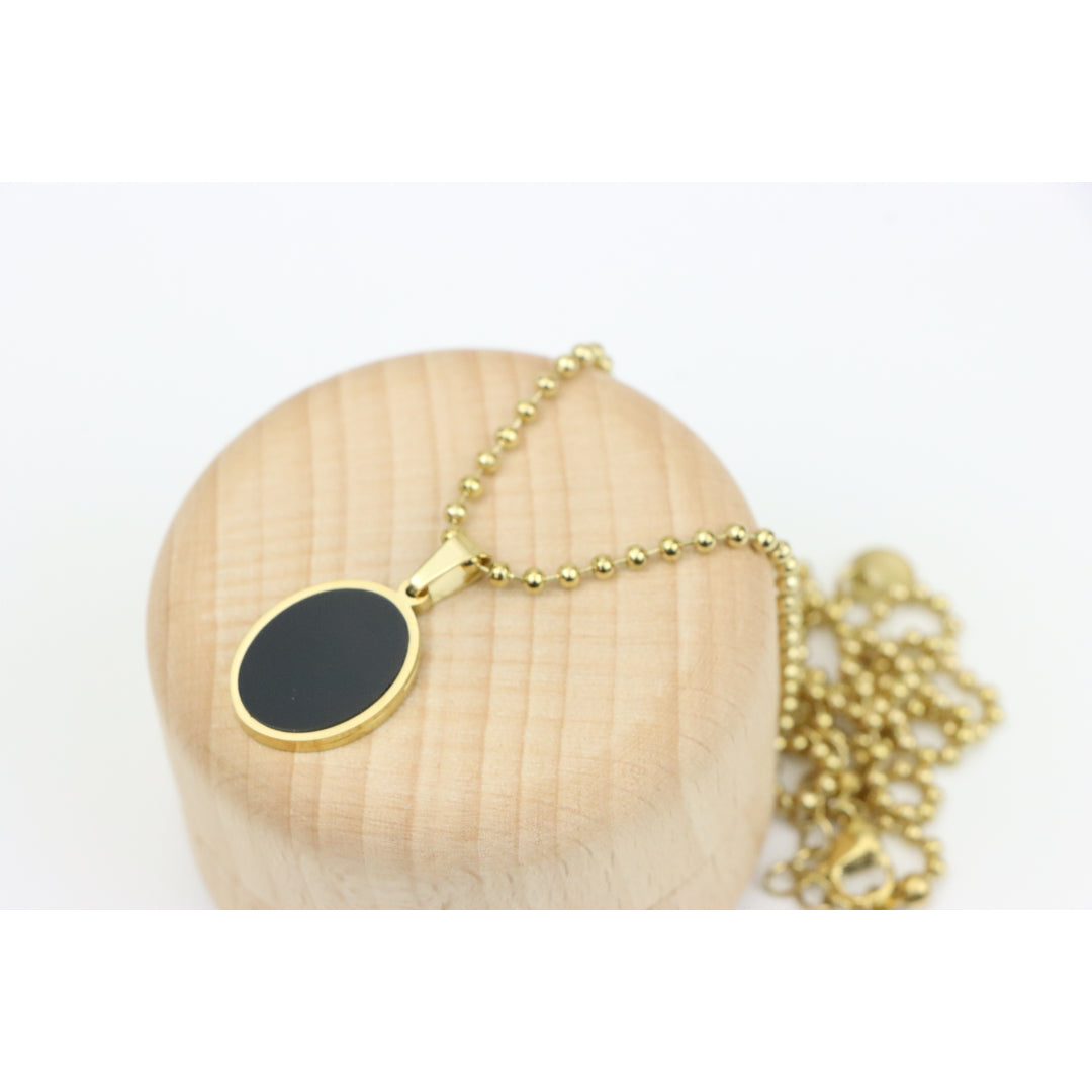 Black Enamel Round Pendant Necklace with Gold Plated Beaded Chain, XPNL0382 (2039-2)