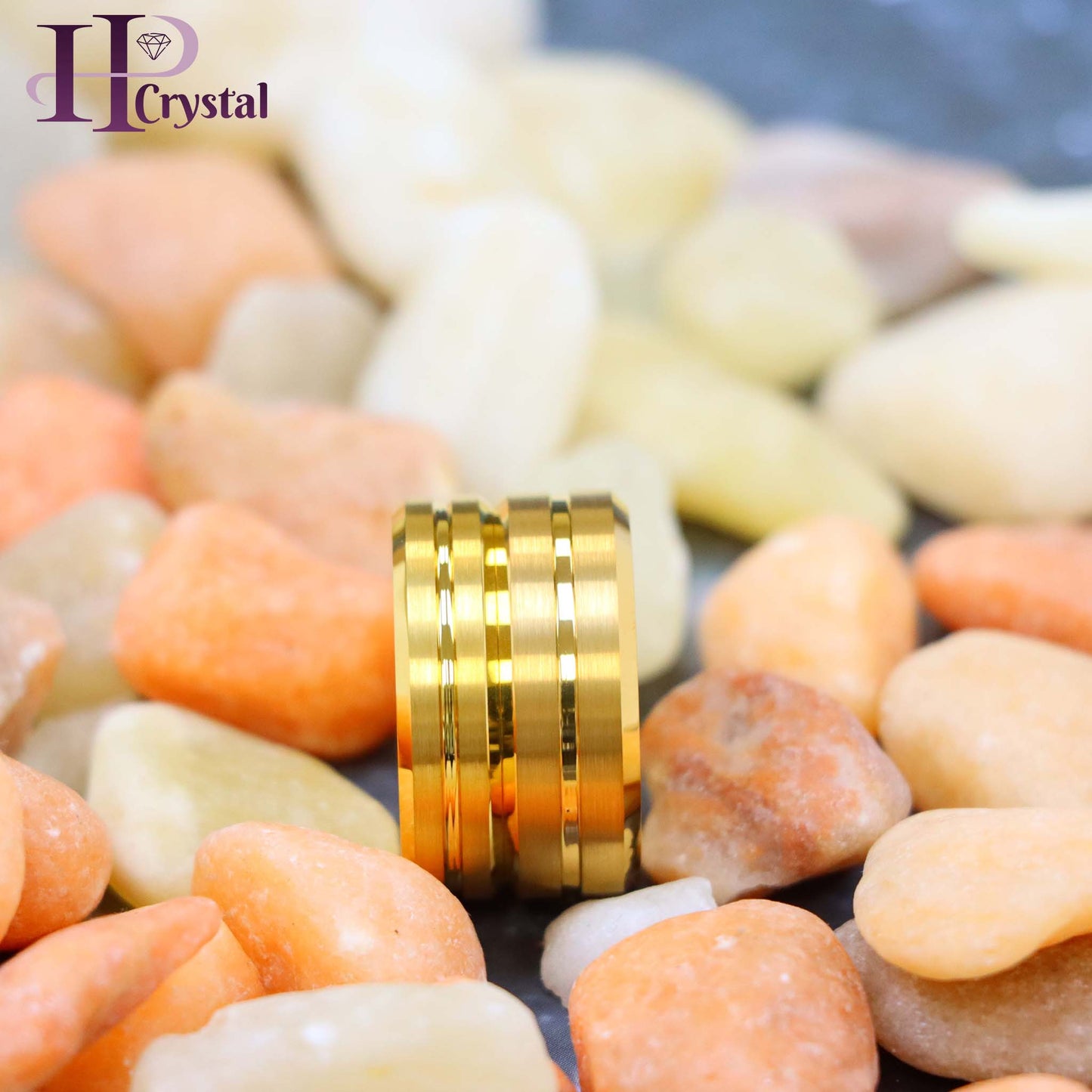 Yellow Gold IP Plated Grooved Center Brushed Beveled Edge Tungsten Ring