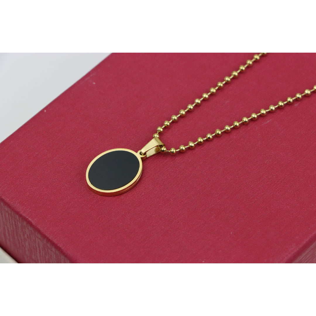 Black Enamel Round Pendant Necklace with Gold Plated Beaded Chain, XPNL0382 (2039-2)
