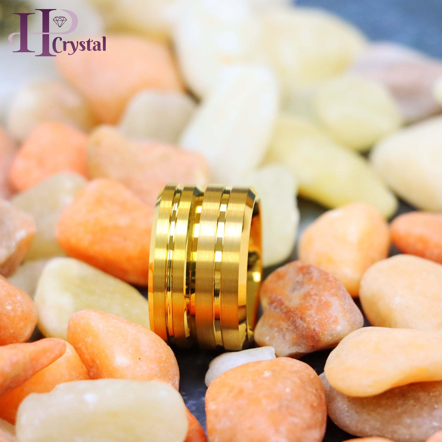 Yellow Gold IP Plated Grooved Center Brushed Beveled Edge Tungsten Ring