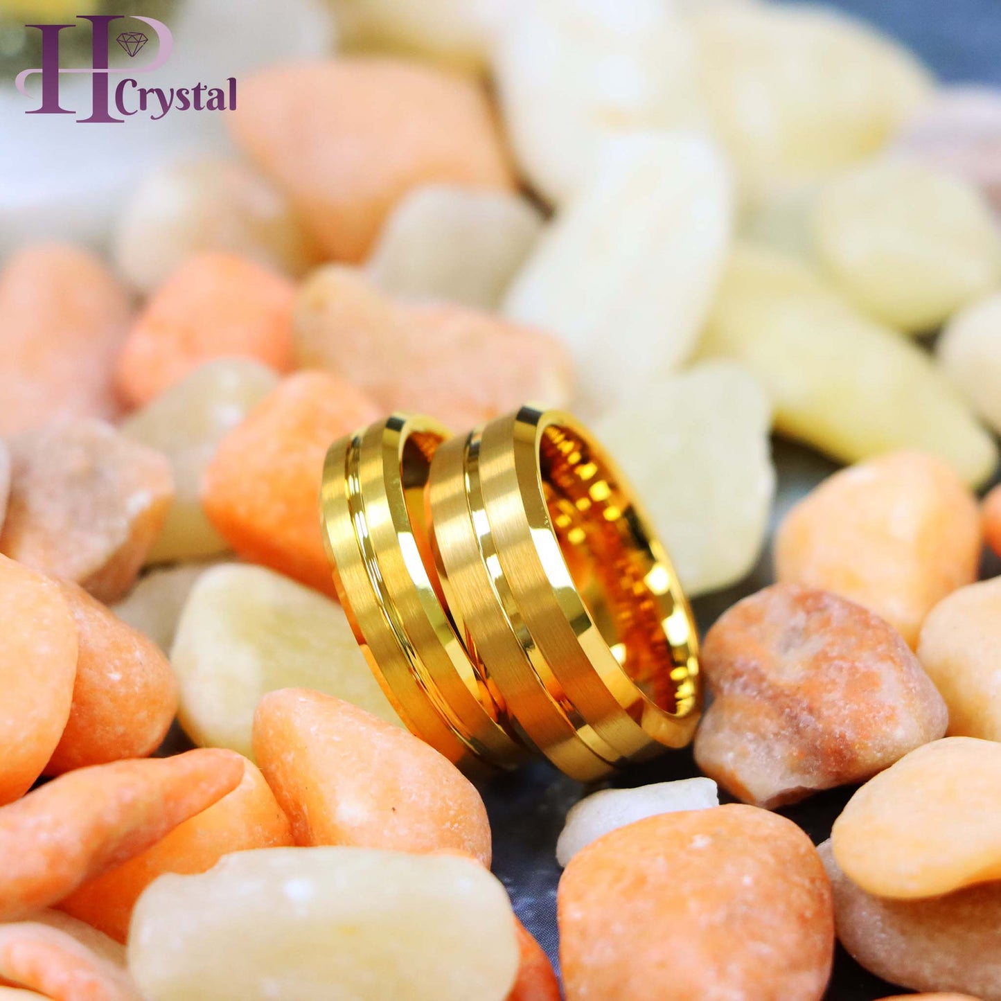 Yellow Gold IP Plated Grooved Center Brushed Beveled Edge Tungsten Ring