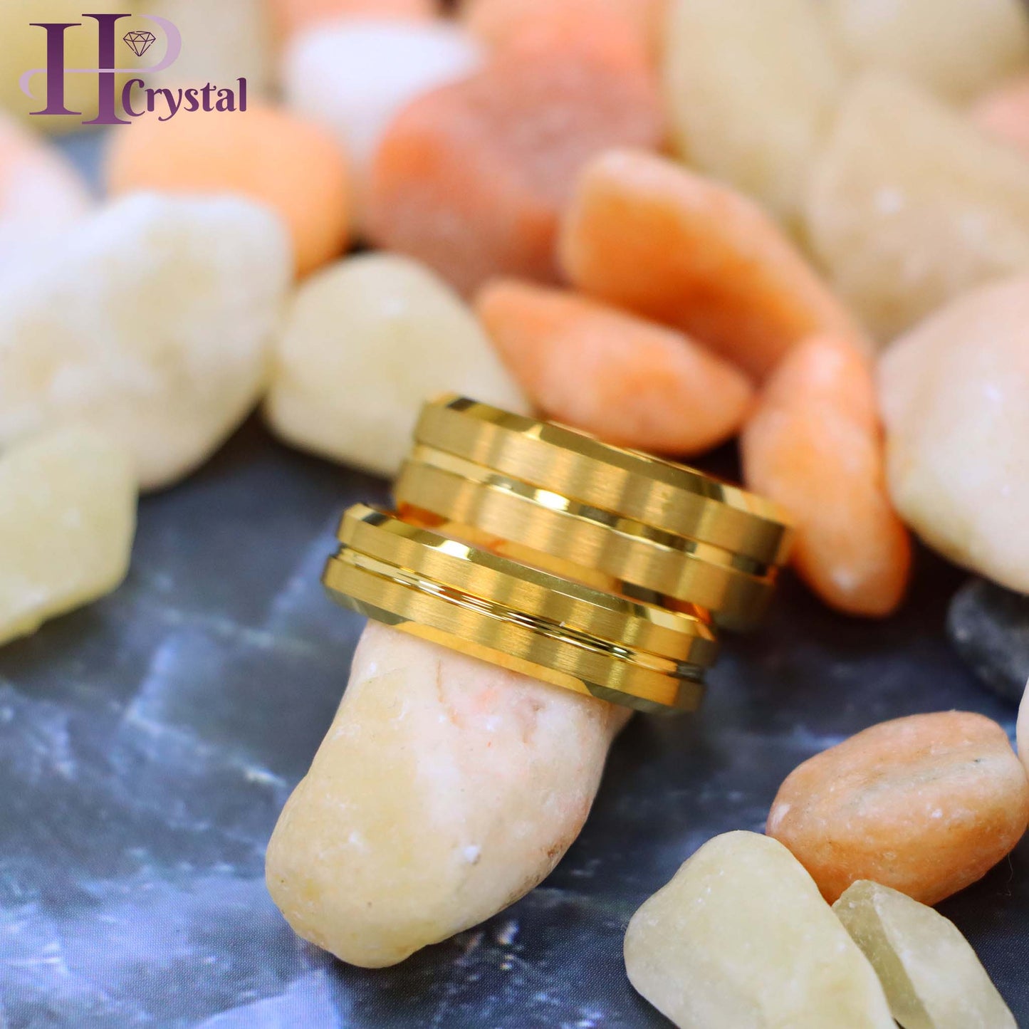 Yellow Gold IP Plated Grooved Center Brushed Beveled Edge Tungsten Ring