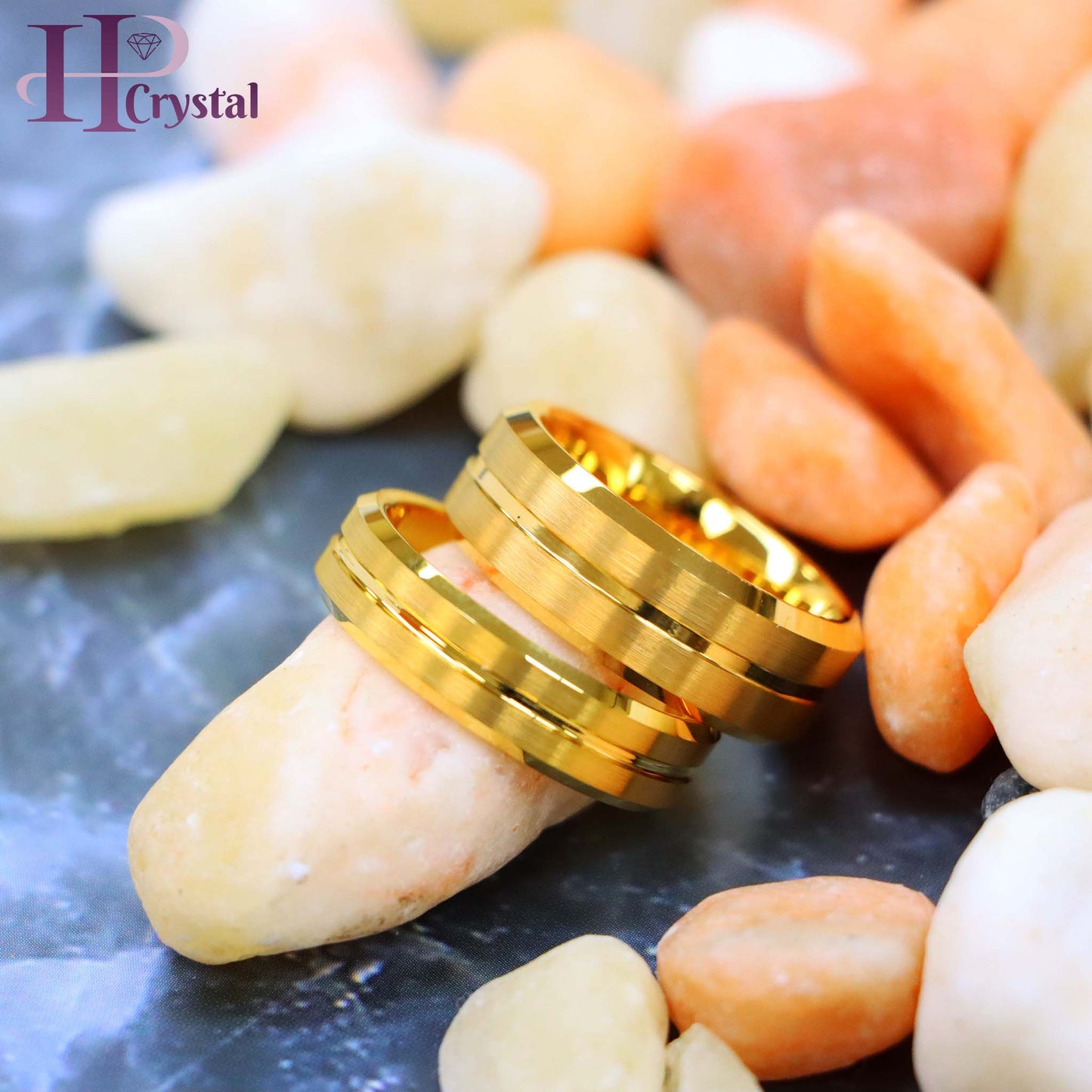 Yellow Gold IP Plated Grooved Center Brushed Beveled Edge Tungsten Ring
