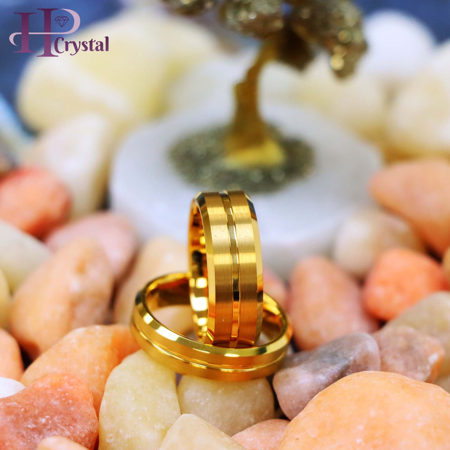 Yellow Gold IP Plated Grooved Center Brushed Beveled Edge Tungsten Ring