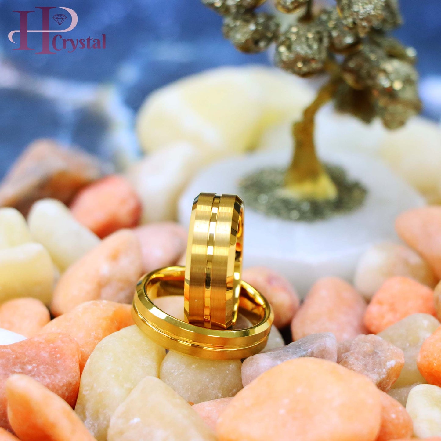 Yellow Gold IP Plated Grooved Center Brushed Beveled Edge Tungsten Ring