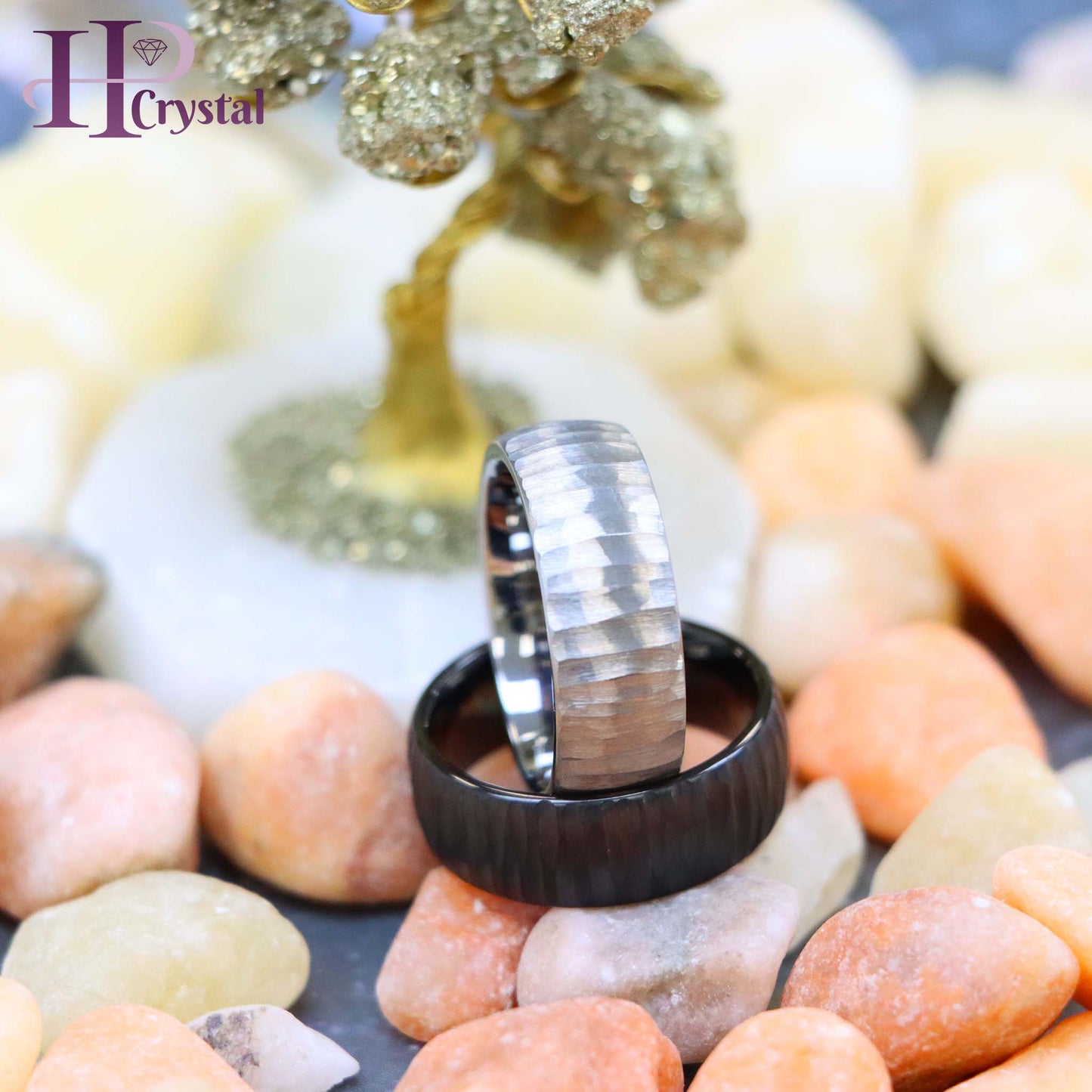 Semi Domed Ring with Tree Bark Carved Textured Finish Tungsten Ring