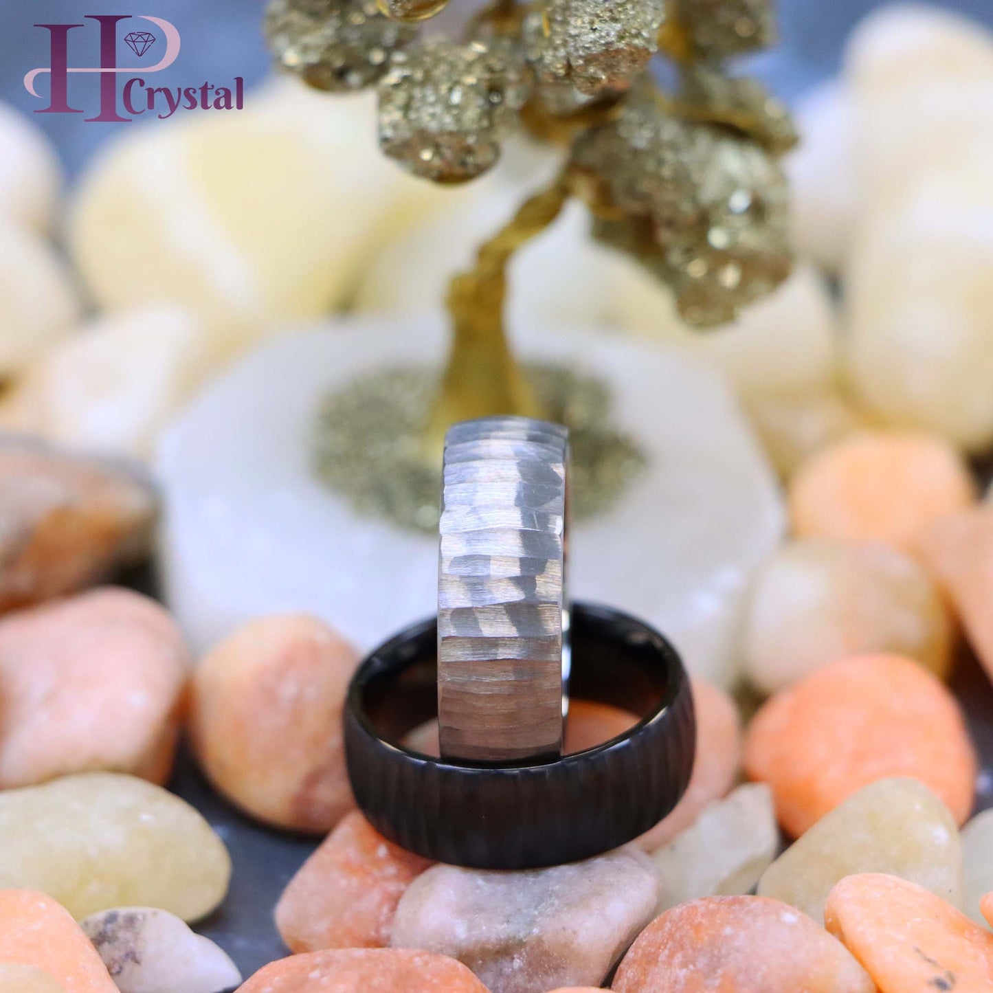 Semi Domed Ring with Tree Bark Carved Textured Finish Tungsten Ring