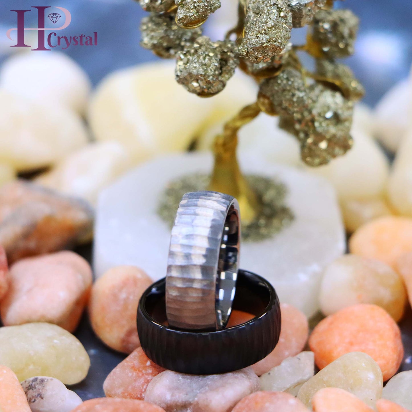 Semi Domed Ring with Tree Bark Carved Textured Finish Tungsten Ring