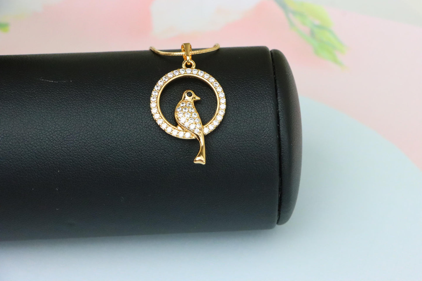Rose Gold Bird Pendant with Sparkling Crystals in Circular Frame, XPPT1525 (2141-8)