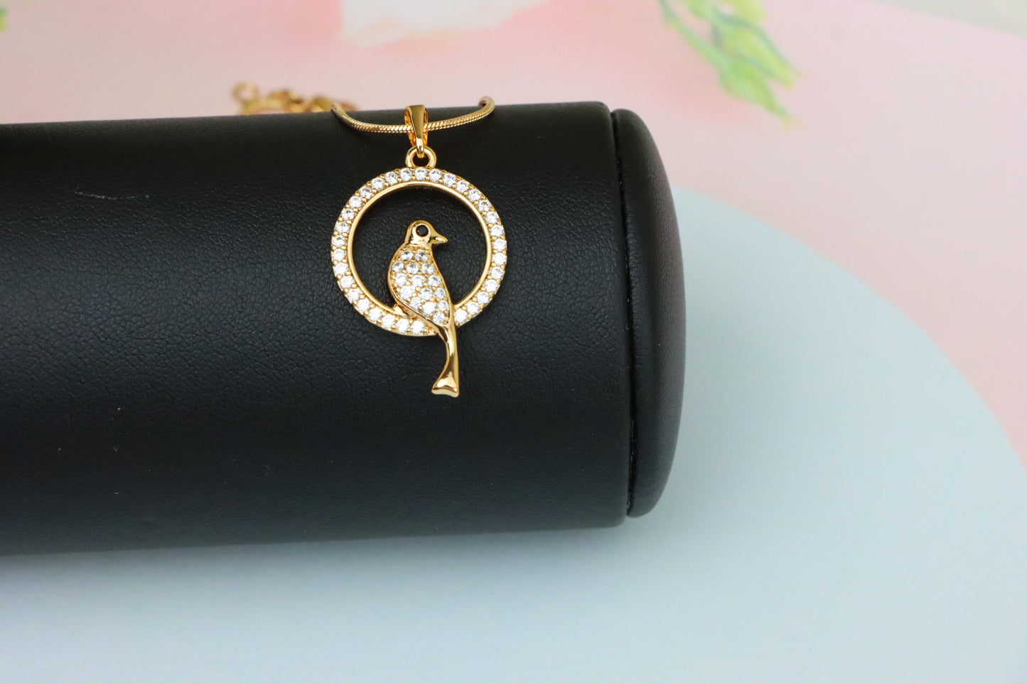 Rose Gold Bird Pendant with Sparkling Crystals in Circular Frame, XPPT1525 (2141-8)