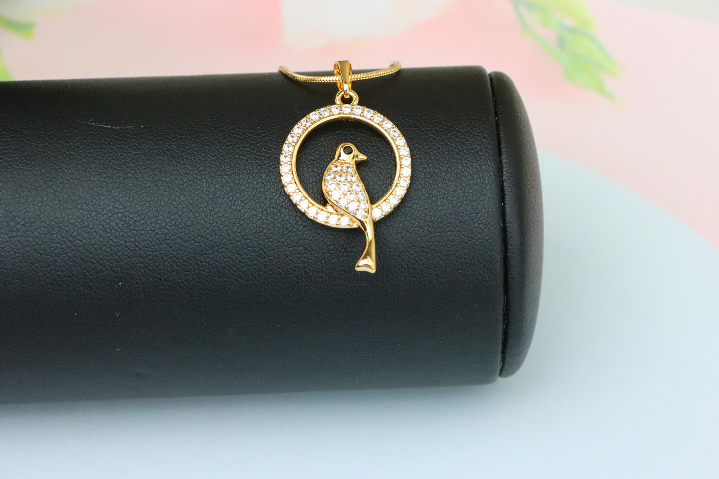 Rose Gold Bird Pendant with Sparkling Crystals in Circular Frame, XPPT1525 (2141-8)