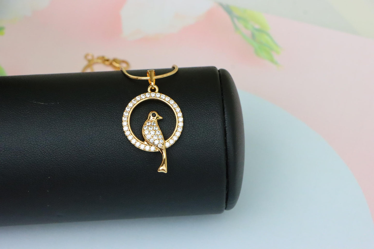 Rose Gold Bird Pendant with Sparkling Crystals in Circular Frame, XPPT1525 (2141-8)