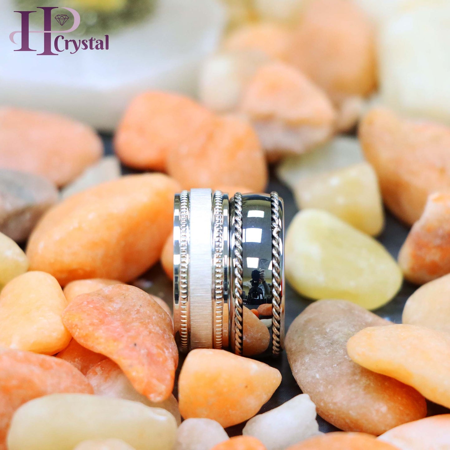 White IP Plated Titanium Ring Satin Finish Center with Milgrain Stepped Edge Polished Semi-Domed with Rope Stainless Steel Inlay Sides Tungsten Ring