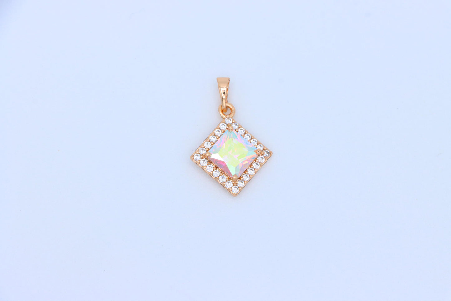 Rose Gold Square Pendant with Iridescent Stone and Crystal Border, XPPT1526 (2141-9)