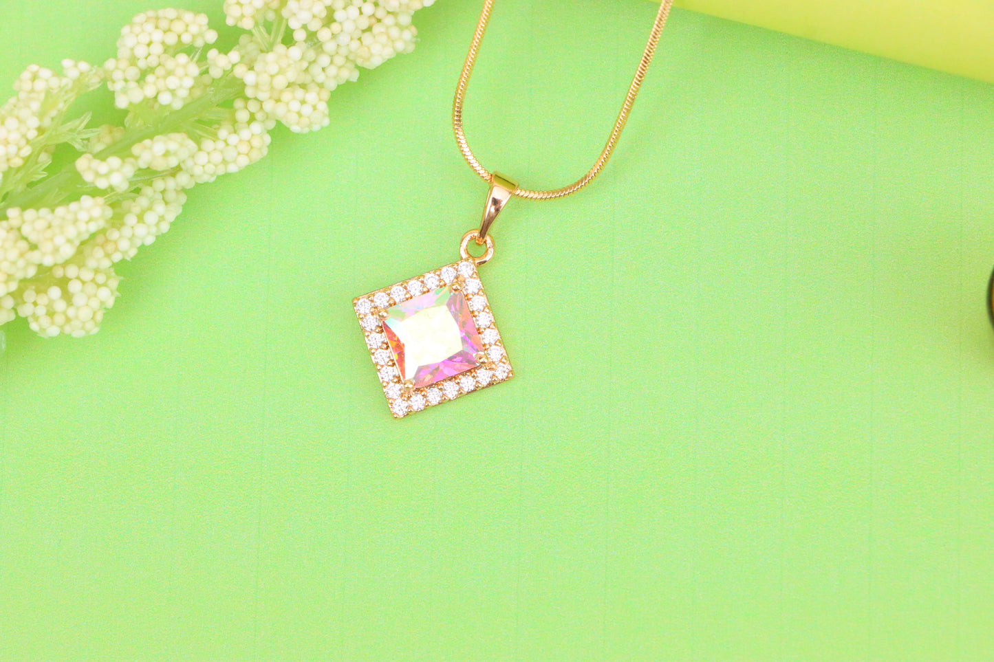 Rose Gold Square Pendant with Iridescent Stone and Crystal Border, XPPT1526 (2141-9)