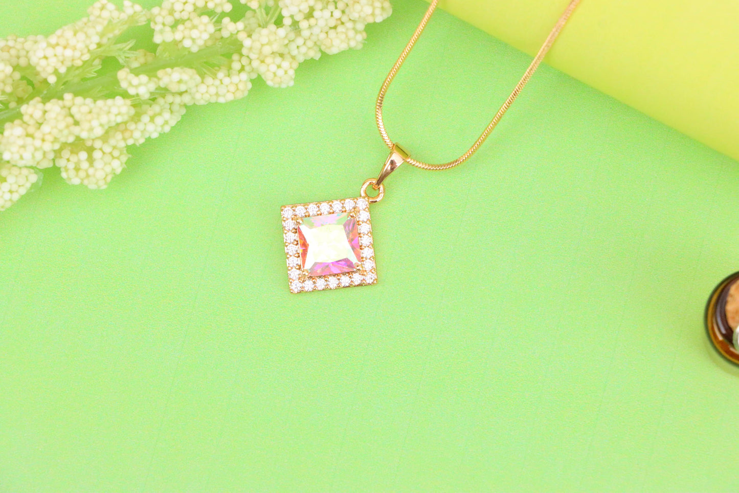 Rose Gold Square Pendant with Iridescent Stone and Crystal Border, XPPT1526 (2141-9)