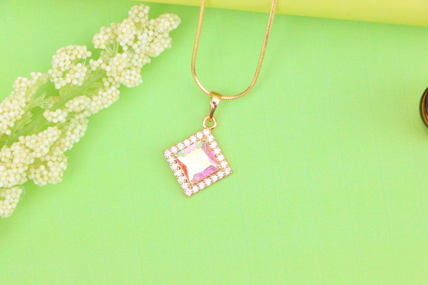 Rose Gold Square Pendant with Iridescent Stone and Crystal Border, XPPT1526 (2141-9)