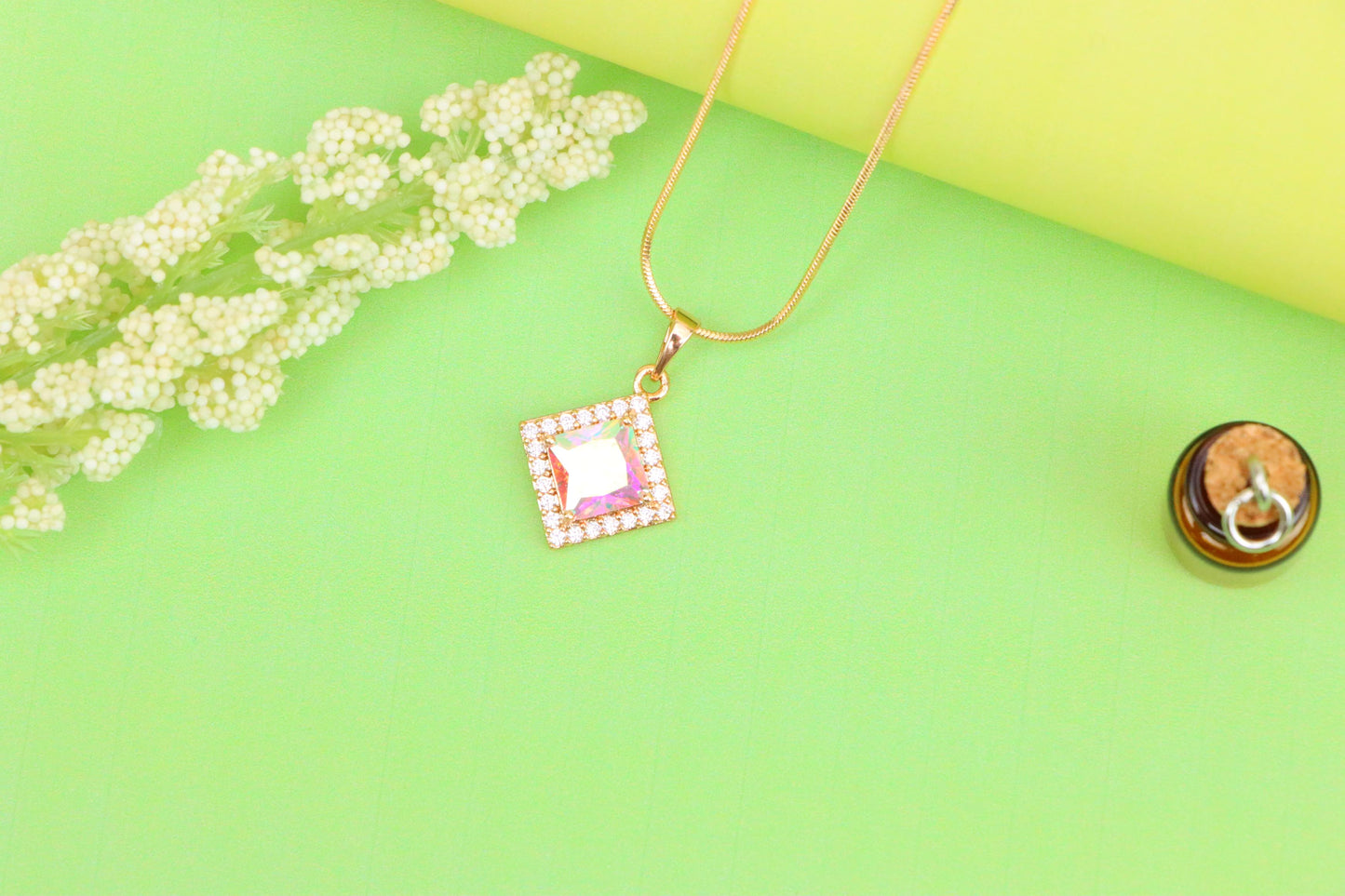 Rose Gold Square Pendant with Iridescent Stone and Crystal Border, XPPT1526 (2141-9)