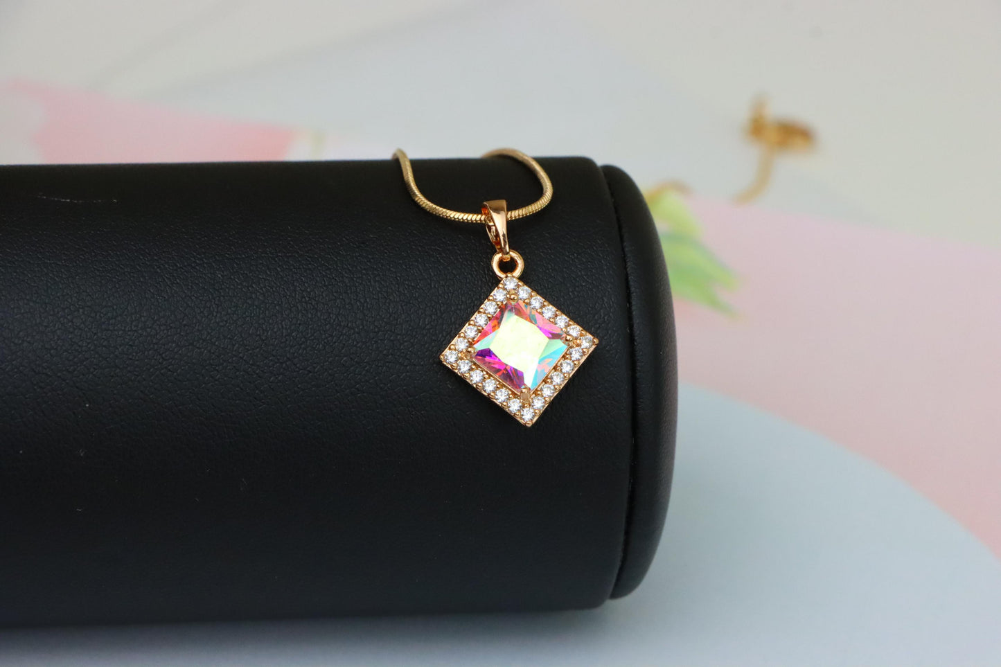 Rose Gold Square Pendant with Iridescent Stone and Crystal Border, XPPT1526 (2141-9)