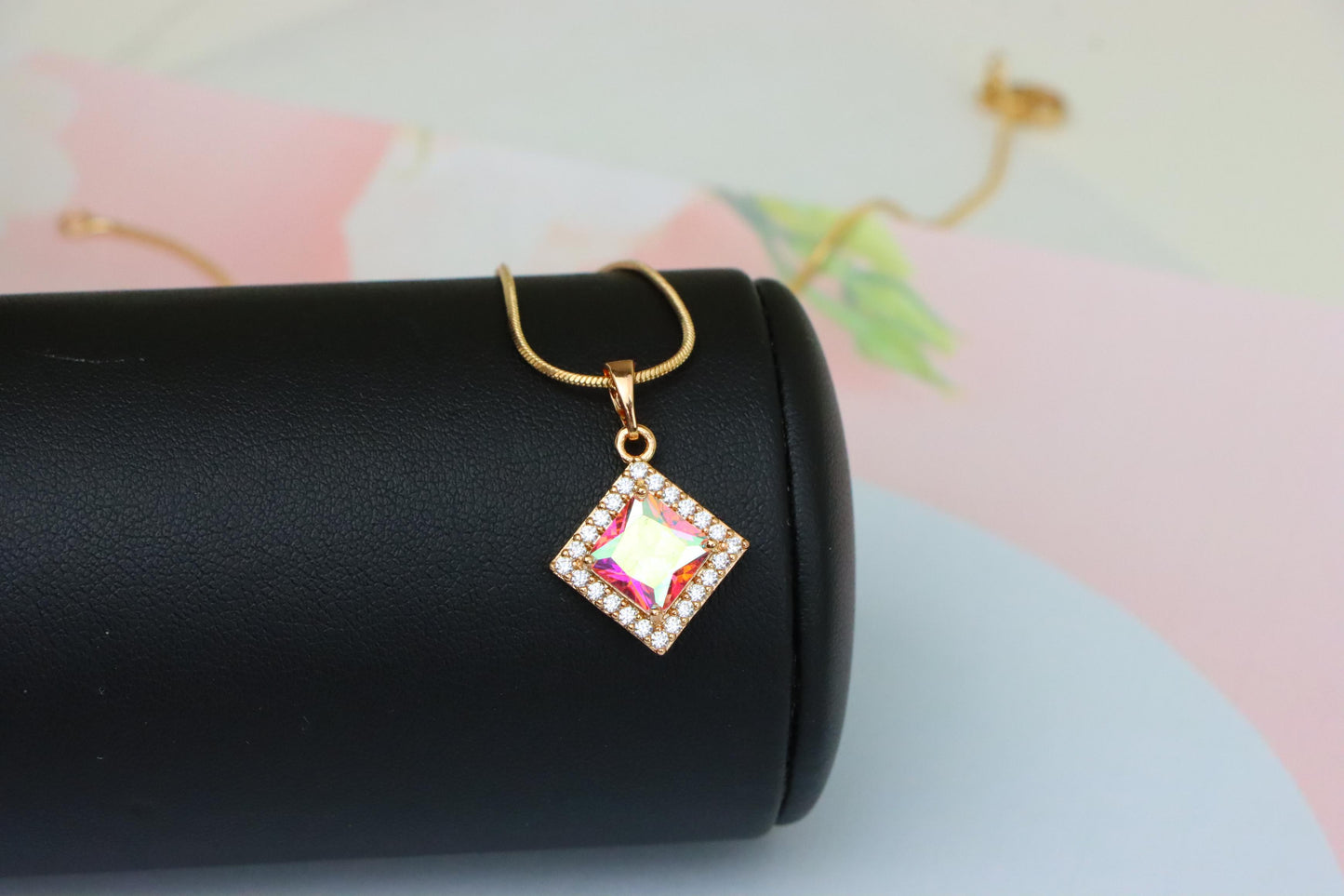 Rose Gold Square Pendant with Iridescent Stone and Crystal Border, XPPT1526 (2141-9)