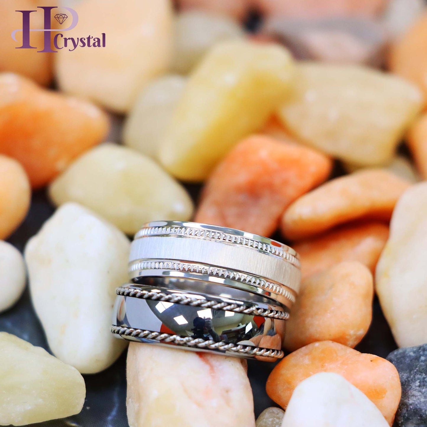 White IP Plated Titanium Ring Satin Finish Center with Milgrain Stepped Edge Polished Semi-Domed with Rope Stainless Steel Inlay Sides Tungsten Ring
