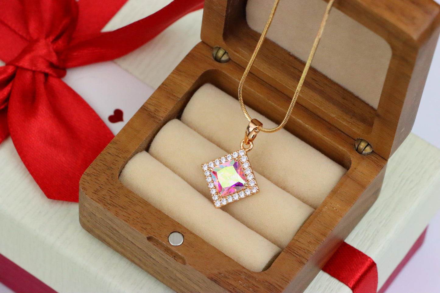 Rose Gold Square Pendant with Iridescent Stone and Crystal Border, XPPT1526 (2141-9)