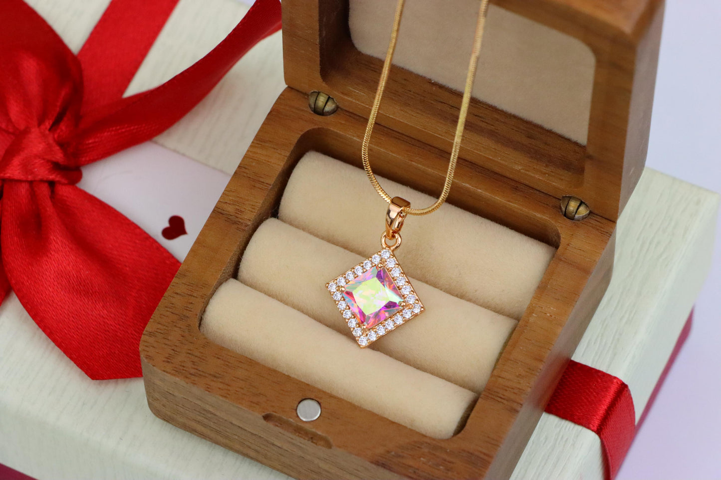 Rose Gold Square Pendant with Iridescent Stone and Crystal Border, XPPT1526 (2141-9)