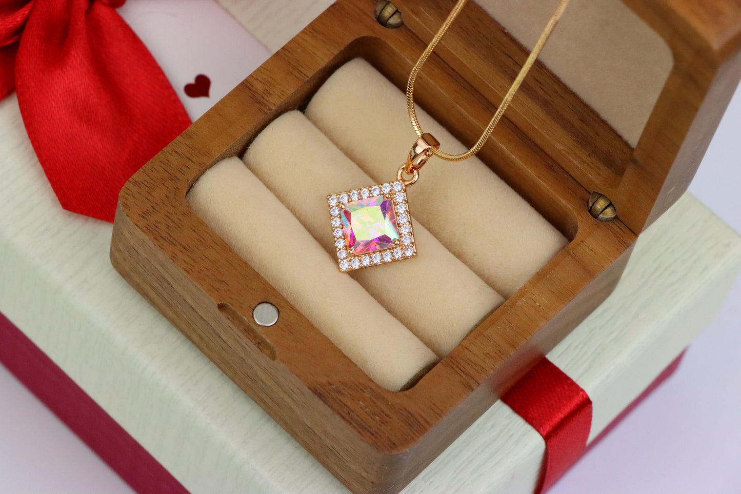 Rose Gold Square Pendant with Iridescent Stone and Crystal Border, XPPT1526 (2141-9)