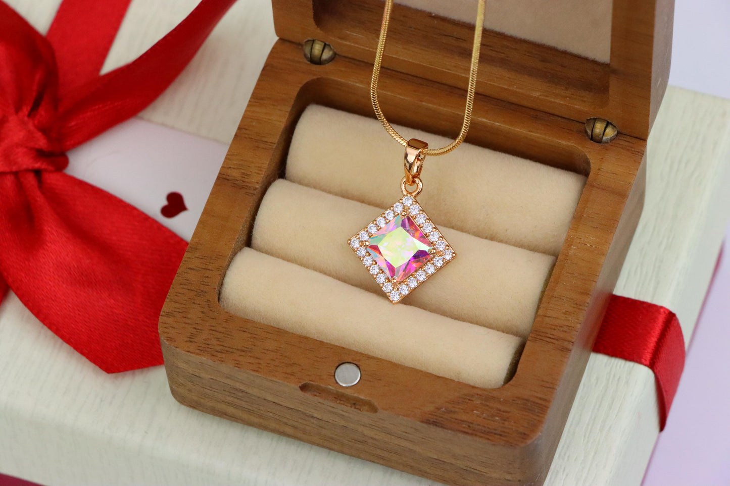 Rose Gold Square Pendant with Iridescent Stone and Crystal Border, XPPT1526 (2141-9)