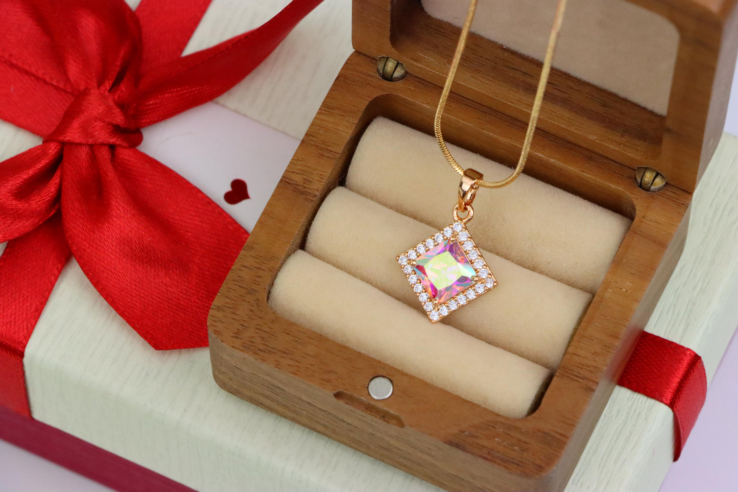 Rose Gold Square Pendant with Iridescent Stone and Crystal Border, XPPT1526 (2141-9)