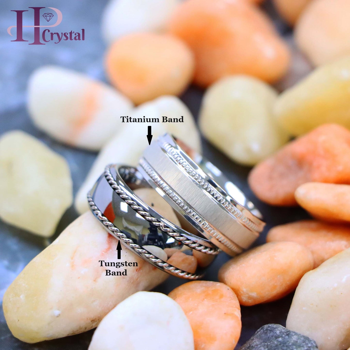 White IP Plated Titanium Ring Satin Finish Center with Milgrain Stepped Edge Polished Semi-Domed with Rope Stainless Steel Inlay Sides Tungsten Ring