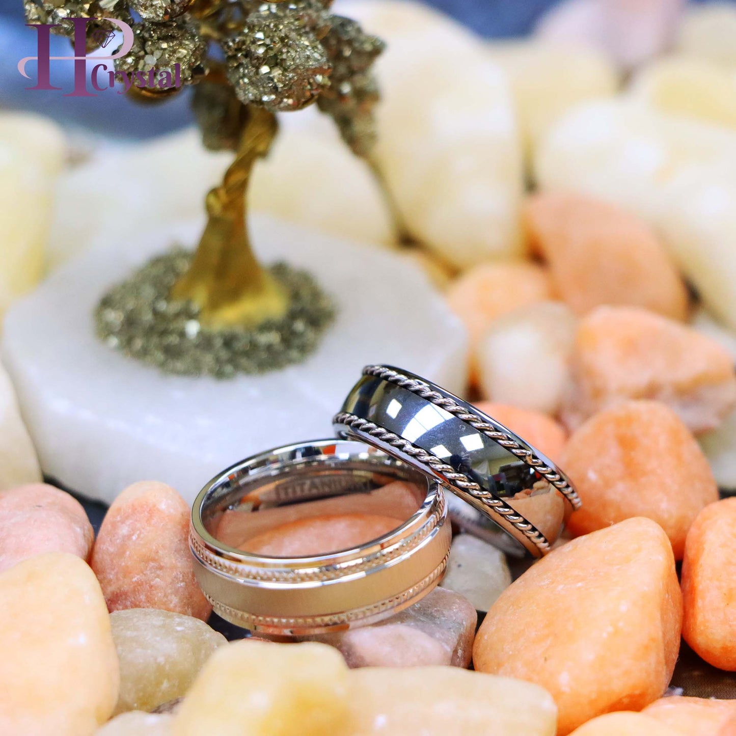 White IP Plated Titanium Ring Satin Finish Center with Milgrain Stepped Edge Polished Semi-Domed with Rope Stainless Steel Inlay Sides Tungsten Ring