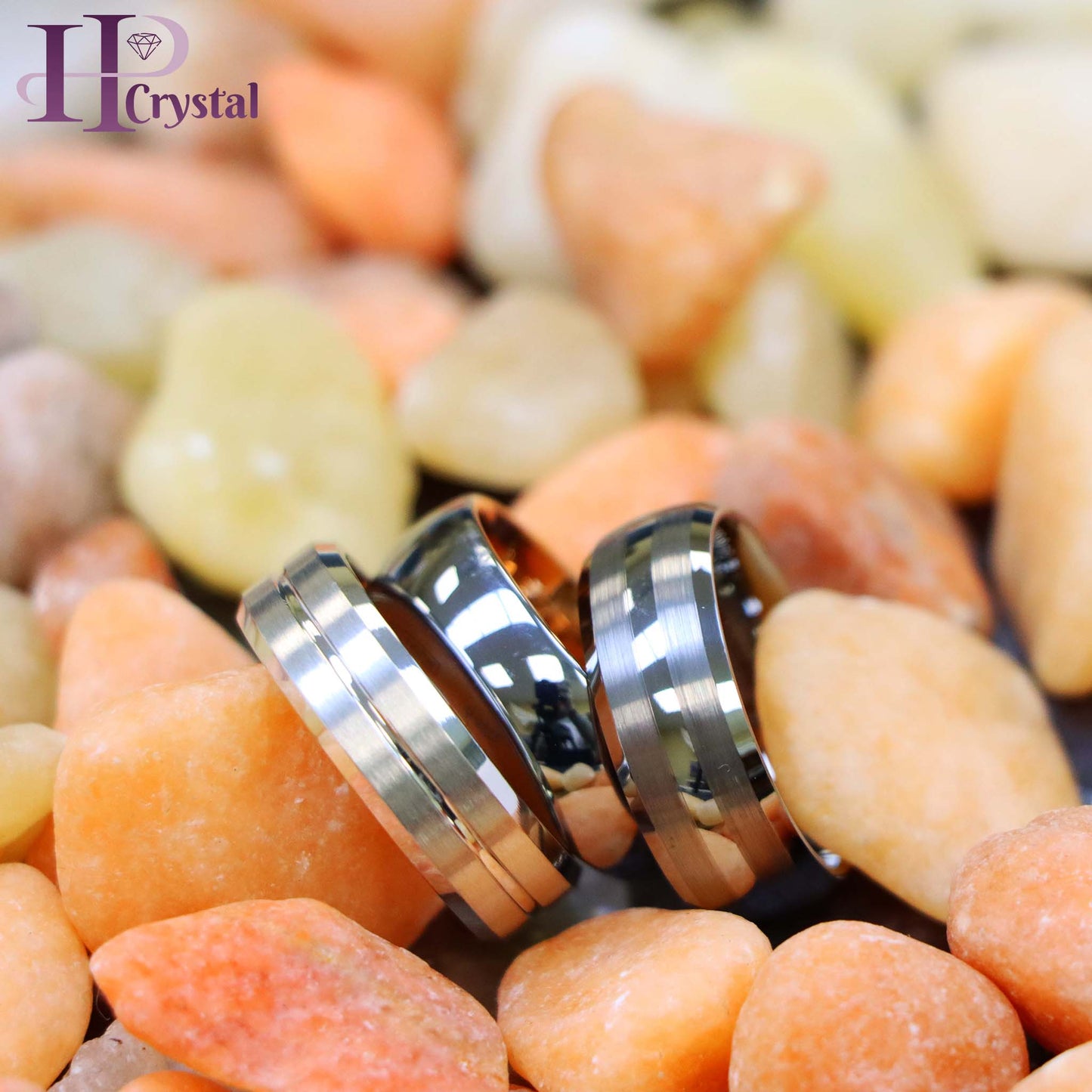 White IP Plated Titanium Ring Domed Brushed Center Stepped Edge, Rose Gold IP Plated Inside & Gun Metal High Polished Center Tungsten Ring