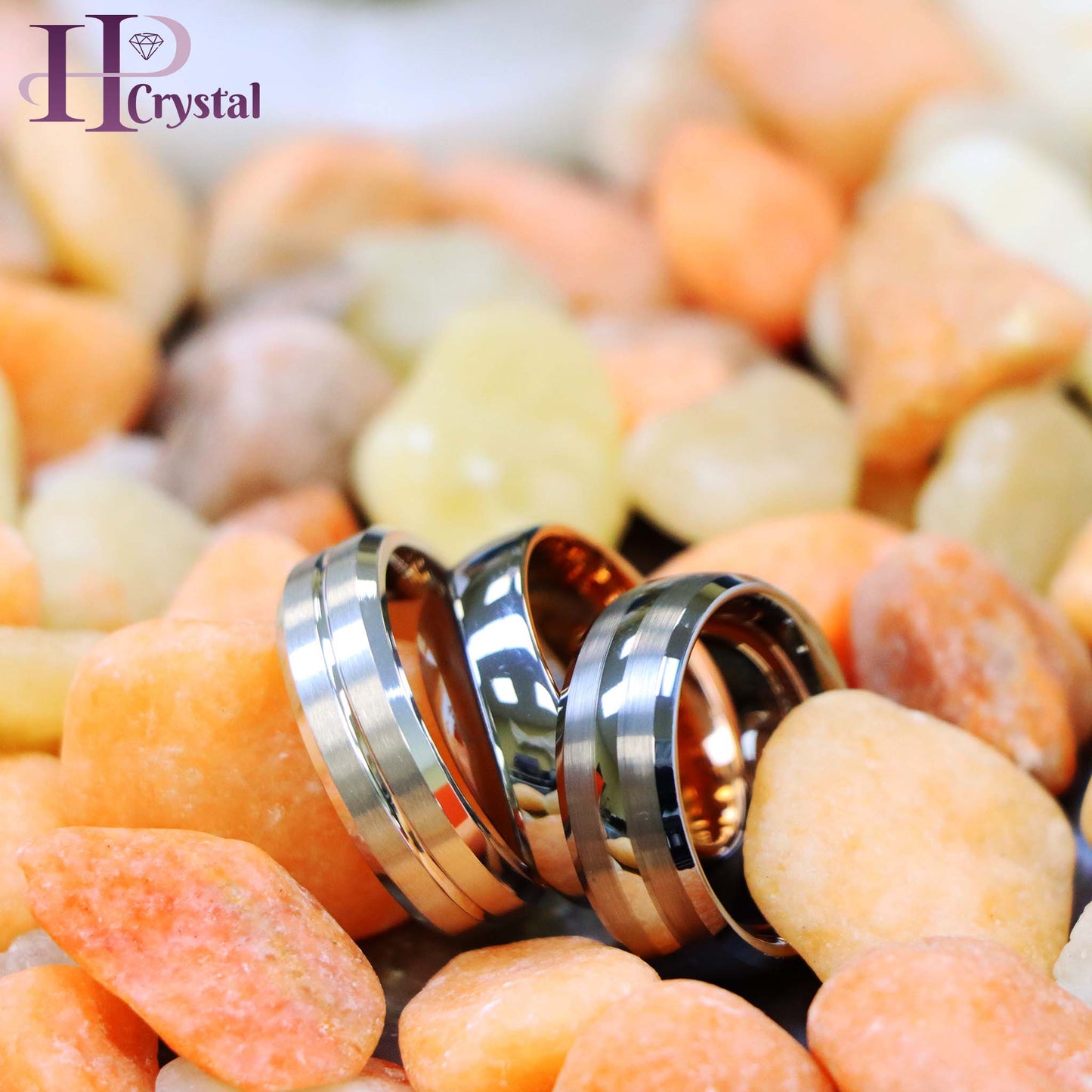 White IP Plated Titanium Ring Domed Brushed Center Stepped Edge, Rose Gold IP Plated Inside & Gun Metal High Polished Center Tungsten Ring