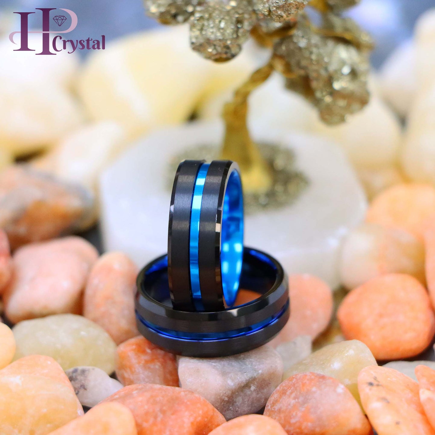 Black Plated Grooved Center with Blue Anodized Aluminum Sleeve Tungsten Ring