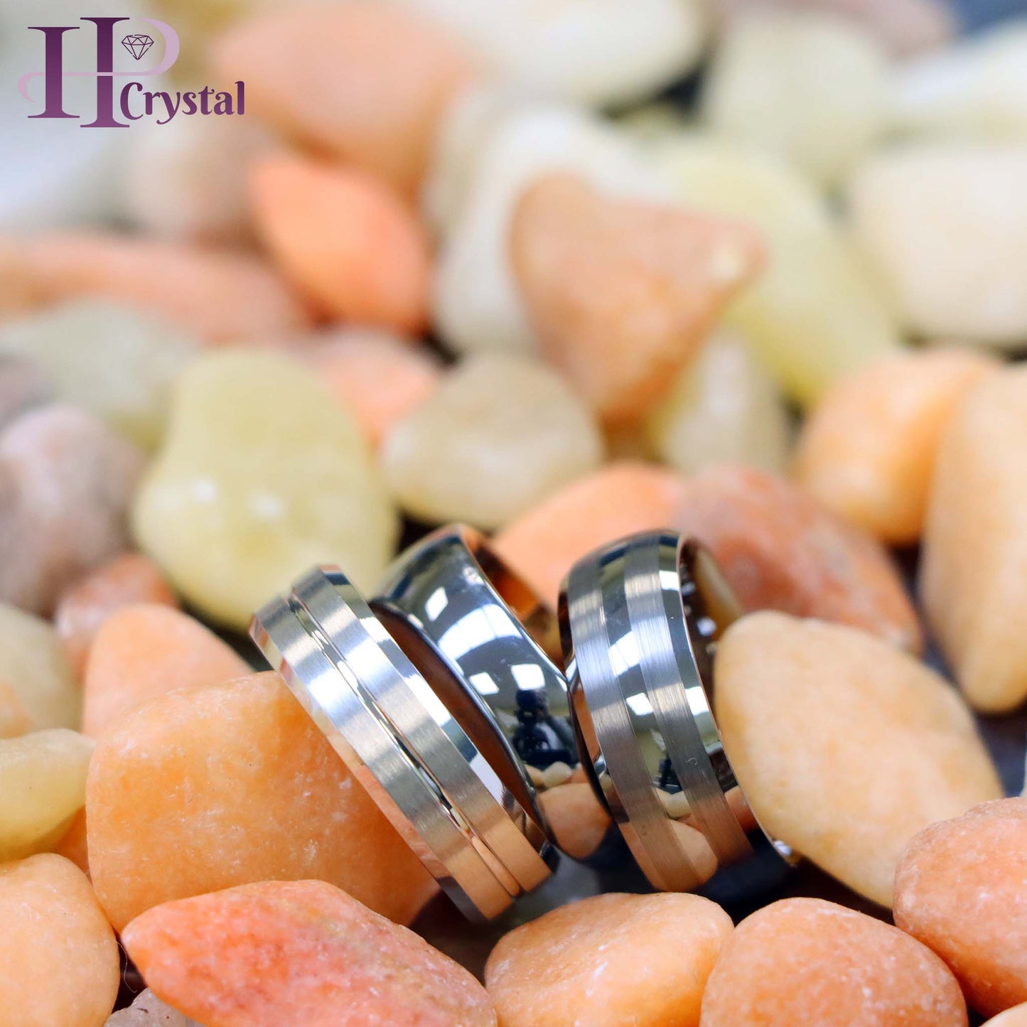 White IP Plated Titanium Ring Domed Brushed Center Stepped Edge, Rose Gold IP Plated Inside & Gun Metal High Polished Center Tungsten Ring