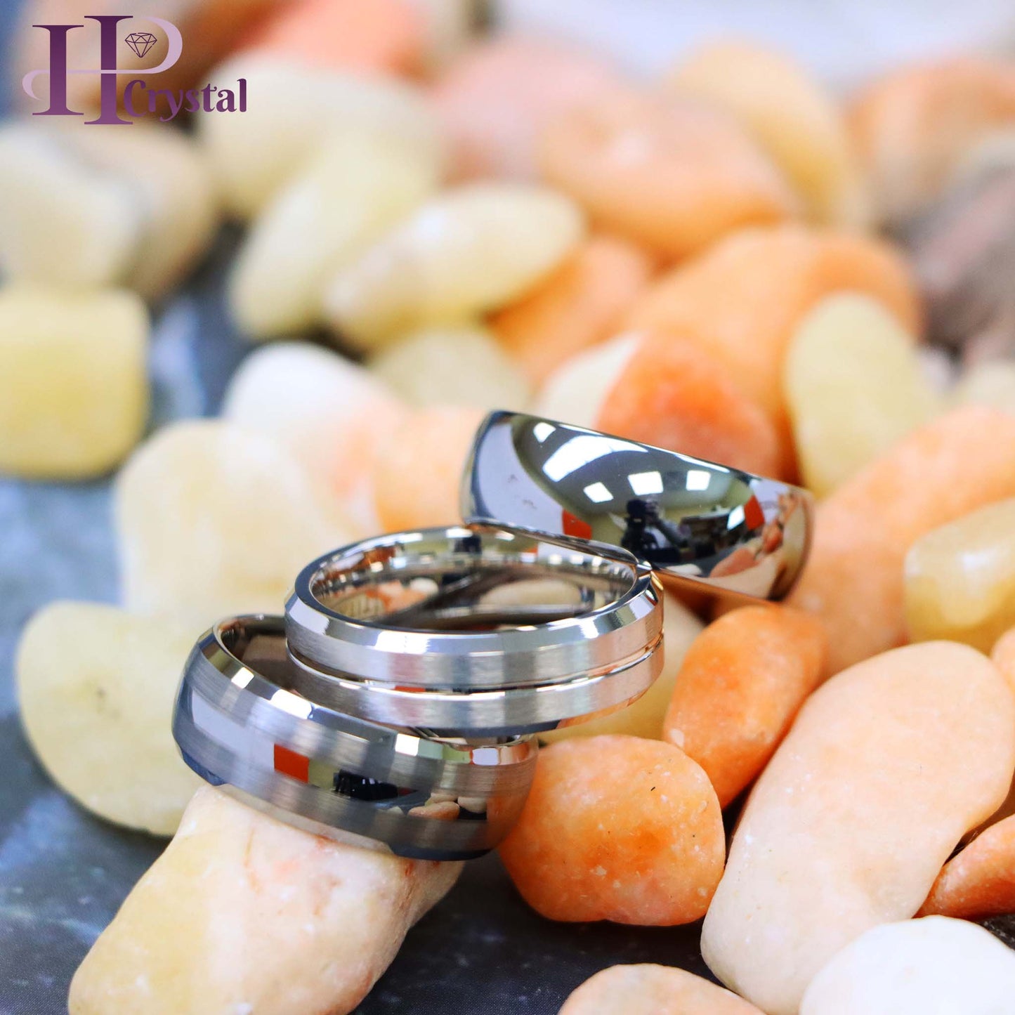 White IP Plated Titanium Ring Domed Brushed Center Stepped Edge, Rose Gold IP Plated Inside & Gun Metal High Polished Center Tungsten Ring