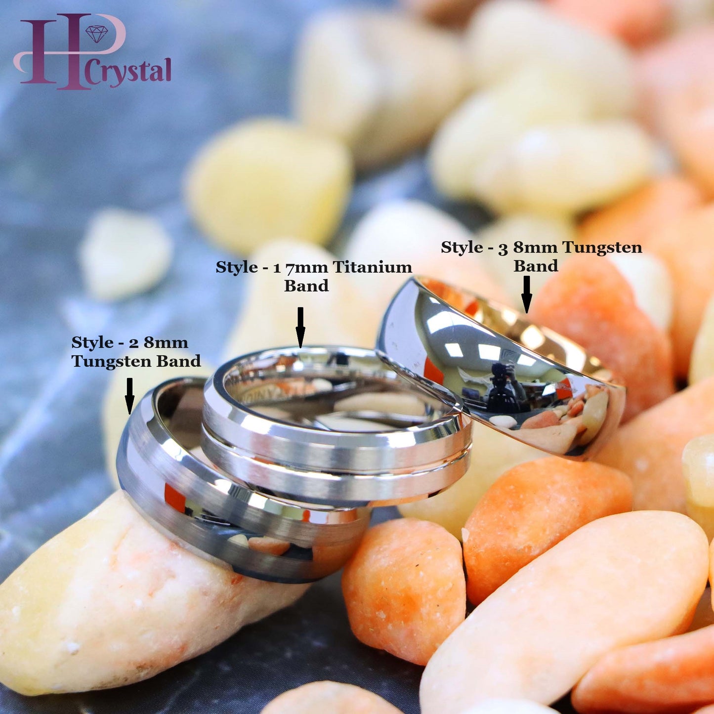 White IP Plated Titanium Ring Domed Brushed Center Stepped Edge, Rose Gold IP Plated Inside & Gun Metal High Polished Center Tungsten Ring