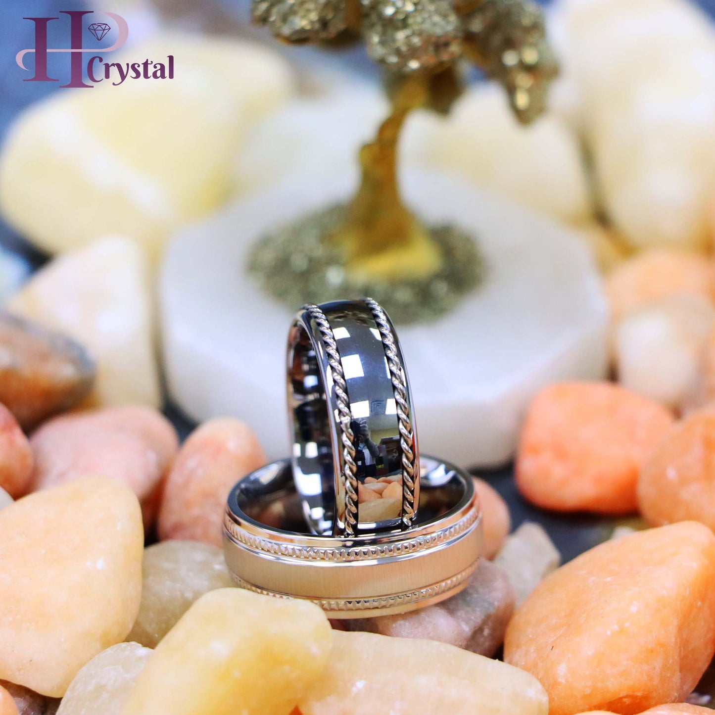 White IP Plated Titanium Ring Satin Finish Center with Milgrain Stepped Edge Polished Semi-Domed with Rope Stainless Steel Inlay Sides Tungsten Ring
