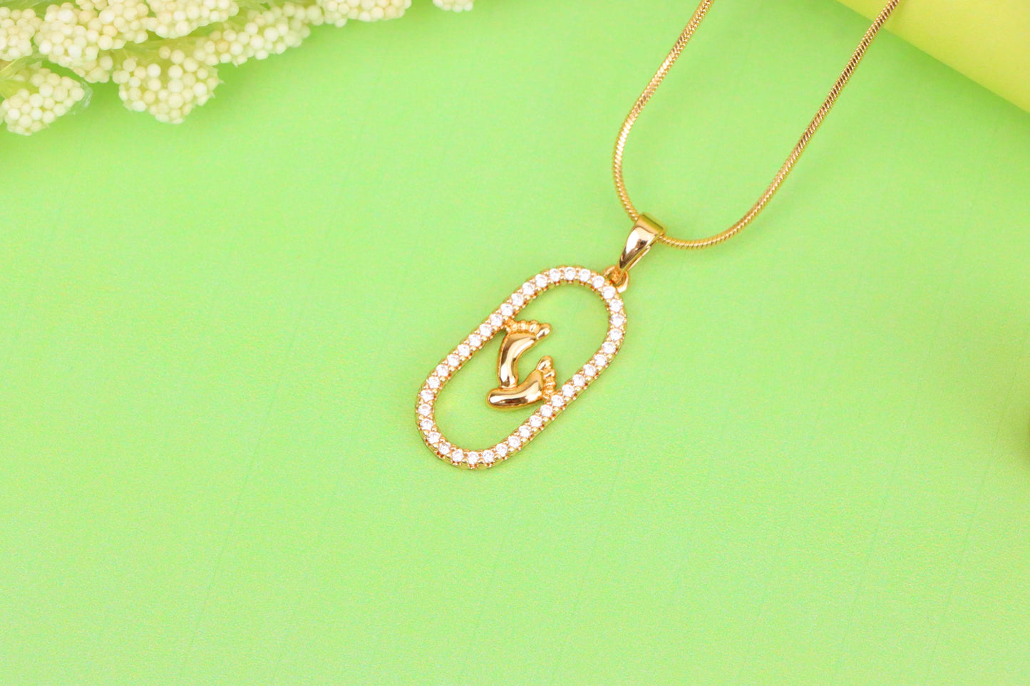 Rose Gold Baby Feet Pendant in Sparkling Oval Frame with CZ Accents, XPPT1528 (2142-1)