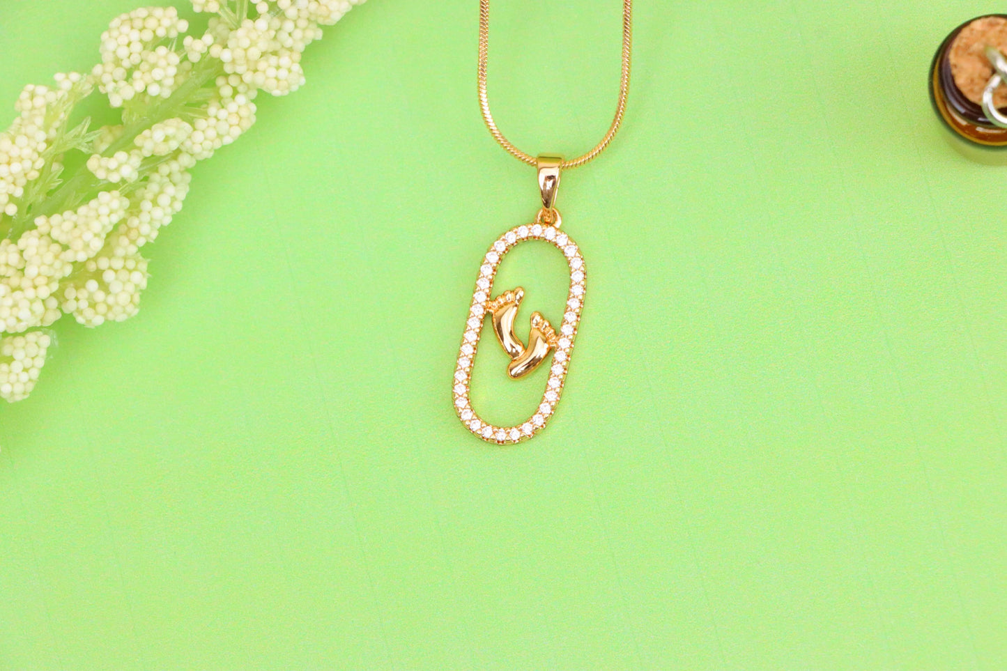 Rose Gold Baby Feet Pendant in Sparkling Oval Frame with CZ Accents, XPPT1528 (2142-1)
