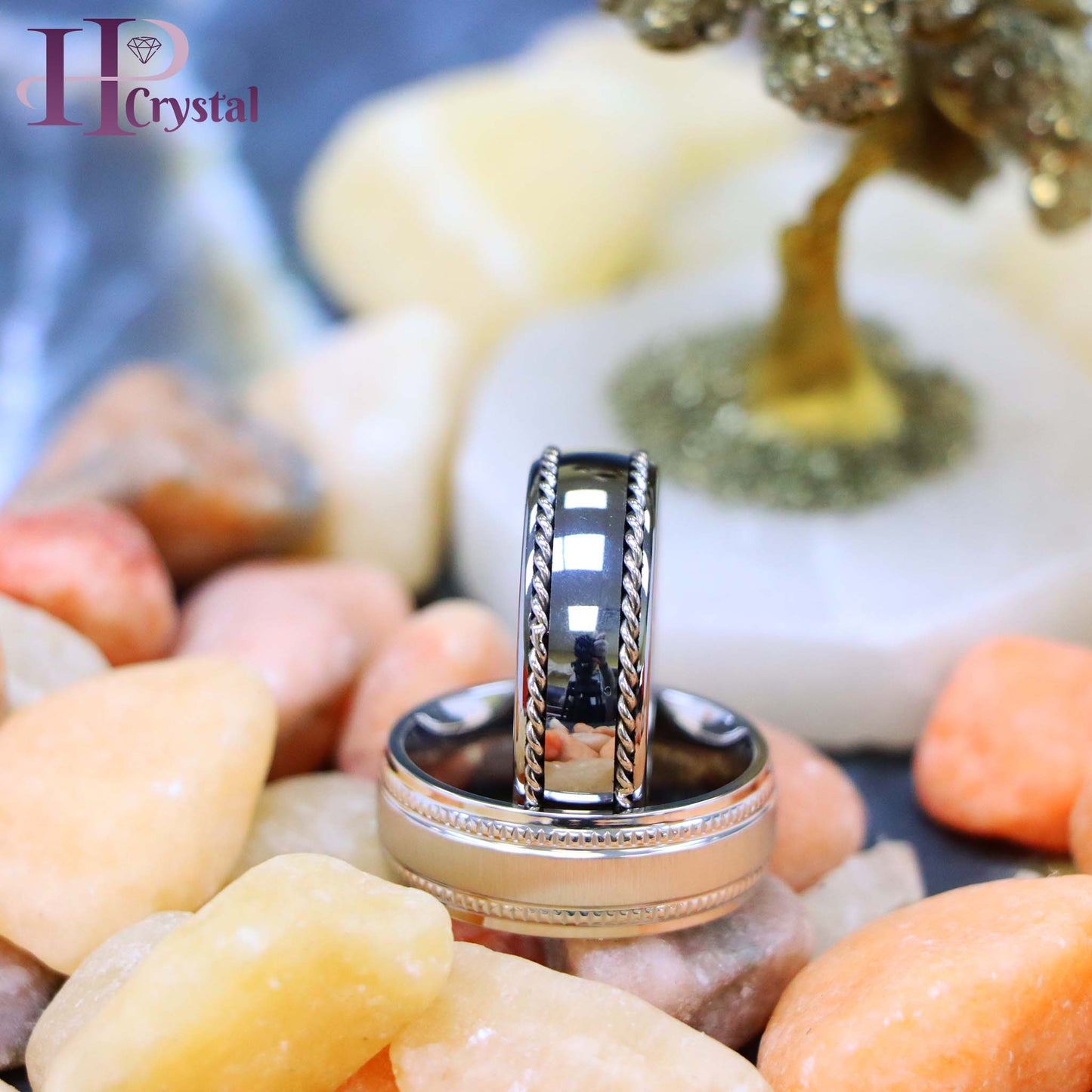 White IP Plated Titanium Ring Satin Finish Center with Milgrain Stepped Edge Polished Semi-Domed with Rope Stainless Steel Inlay Sides Tungsten Ring