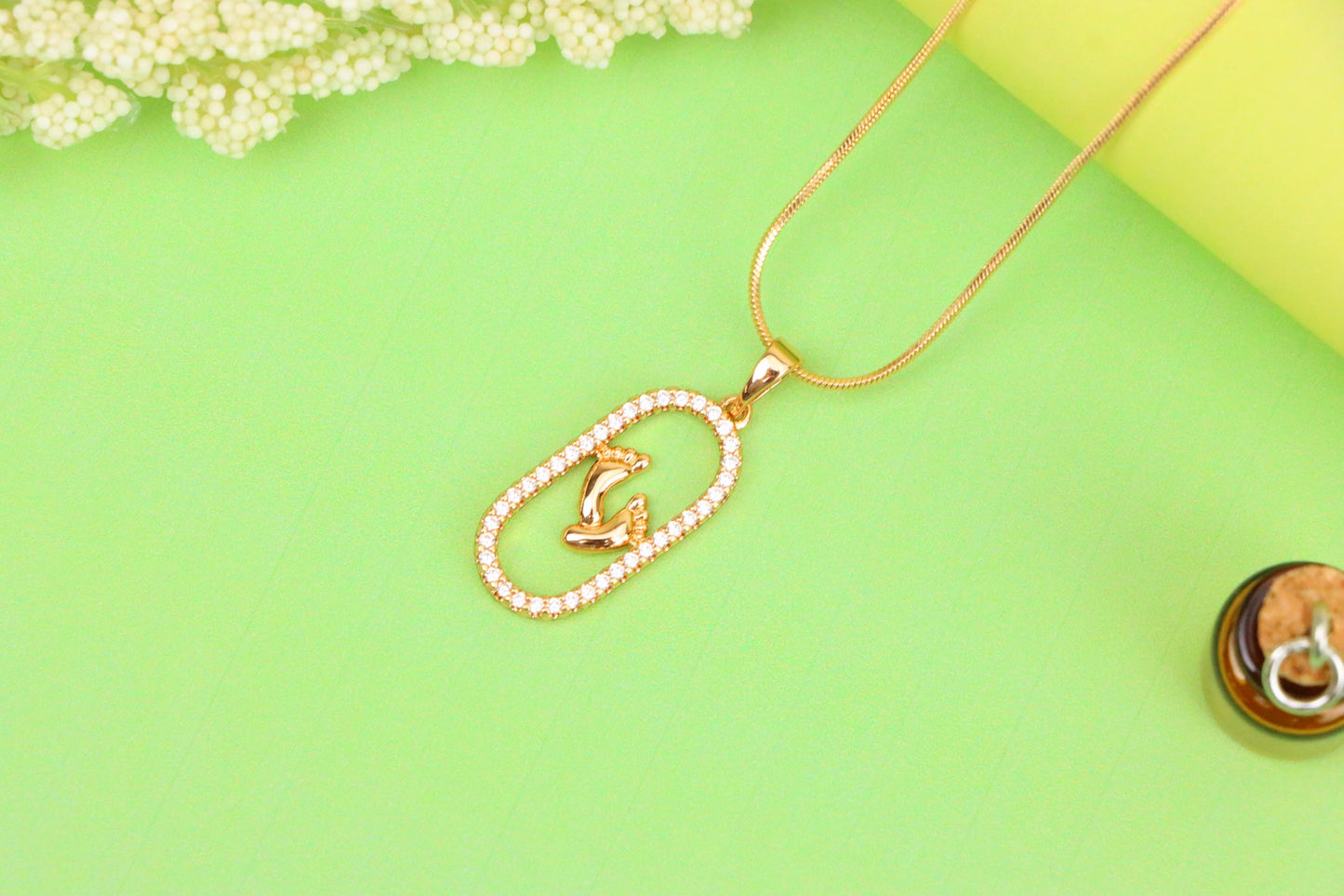 Rose Gold Baby Feet Pendant in Sparkling Oval Frame with CZ Accents, XPPT1528 (2142-1)