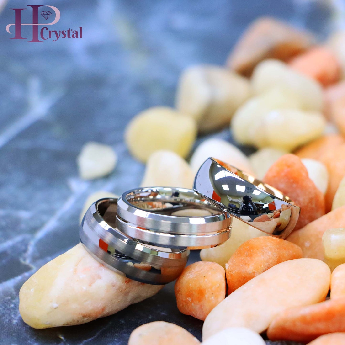 White IP Plated Titanium Ring Domed Brushed Center Stepped Edge, Rose Gold IP Plated Inside & Gun Metal High Polished Center Tungsten Ring