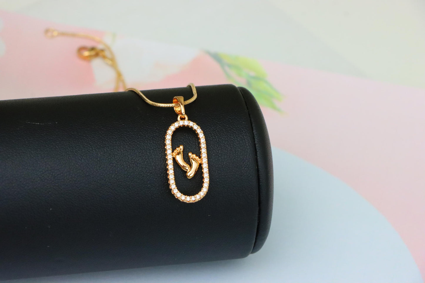 Rose Gold Baby Feet Pendant in Sparkling Oval Frame with CZ Accents, XPPT1528 (2142-1)