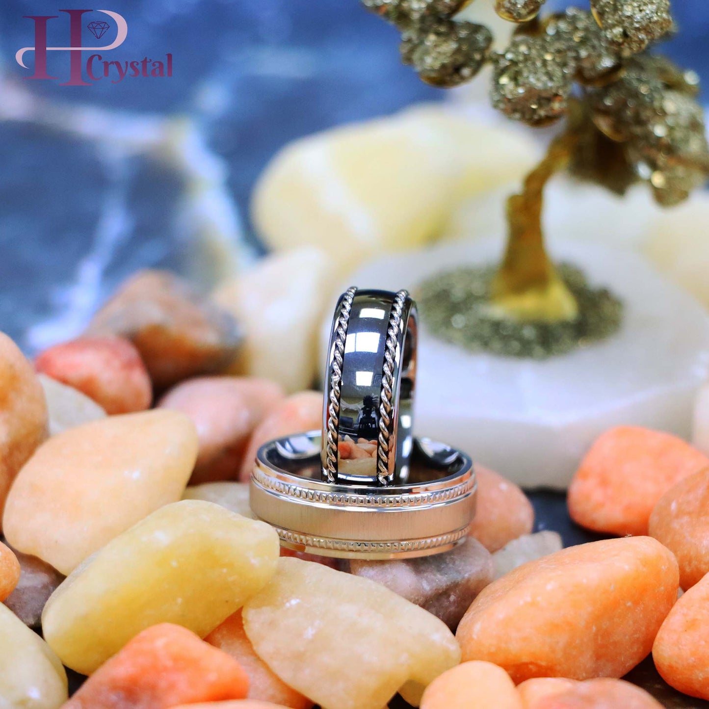 White IP Plated Titanium Ring Satin Finish Center with Milgrain Stepped Edge Polished Semi-Domed with Rope Stainless Steel Inlay Sides Tungsten Ring