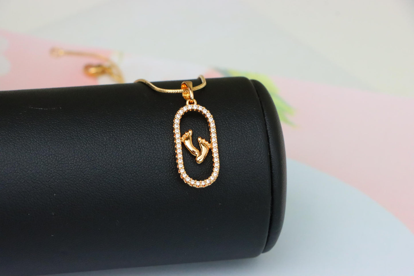 Rose Gold Baby Feet Pendant in Sparkling Oval Frame with CZ Accents, XPPT1528 (2142-1)