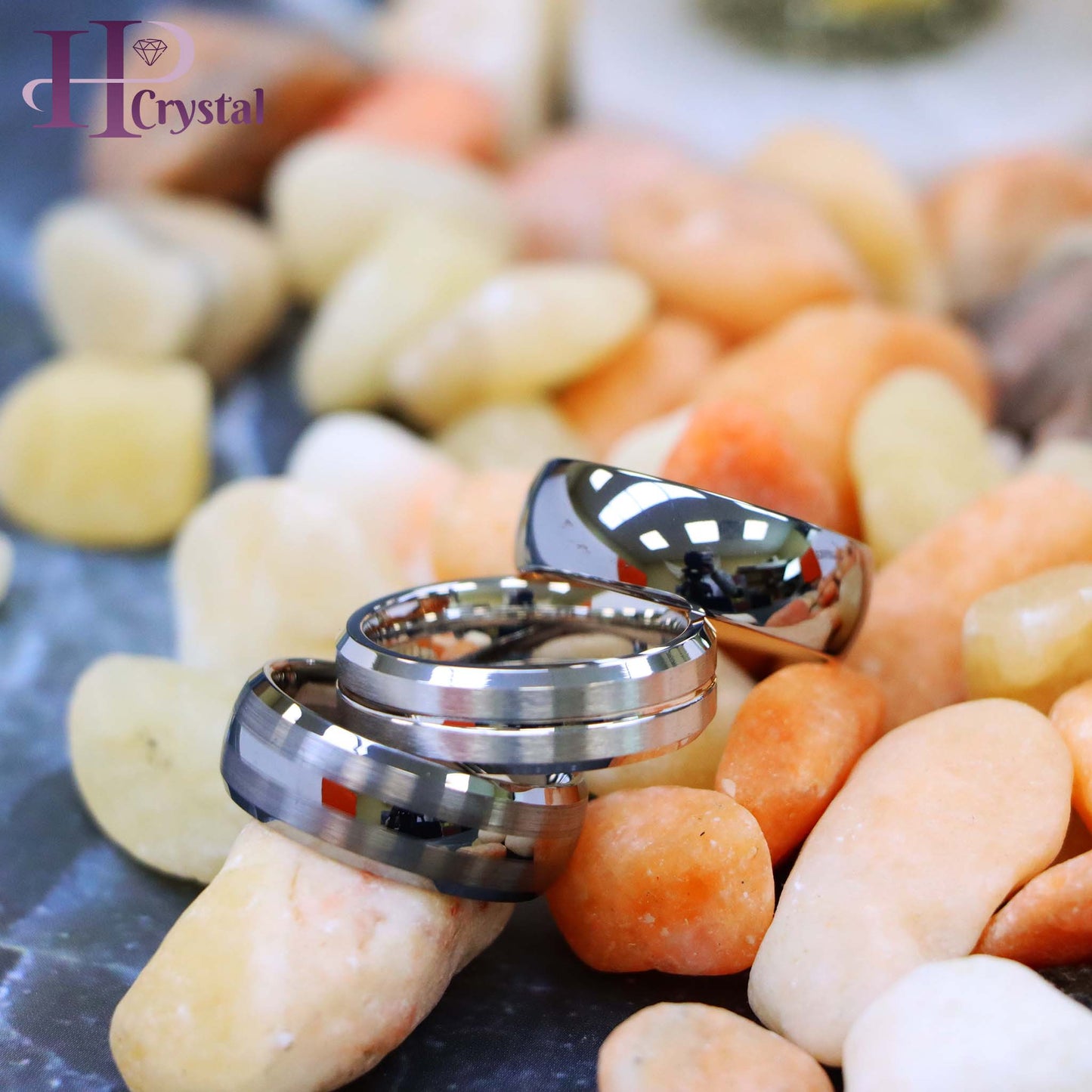 White IP Plated Titanium Ring Domed Brushed Center Stepped Edge, Rose Gold IP Plated Inside & Gun Metal High Polished Center Tungsten Ring