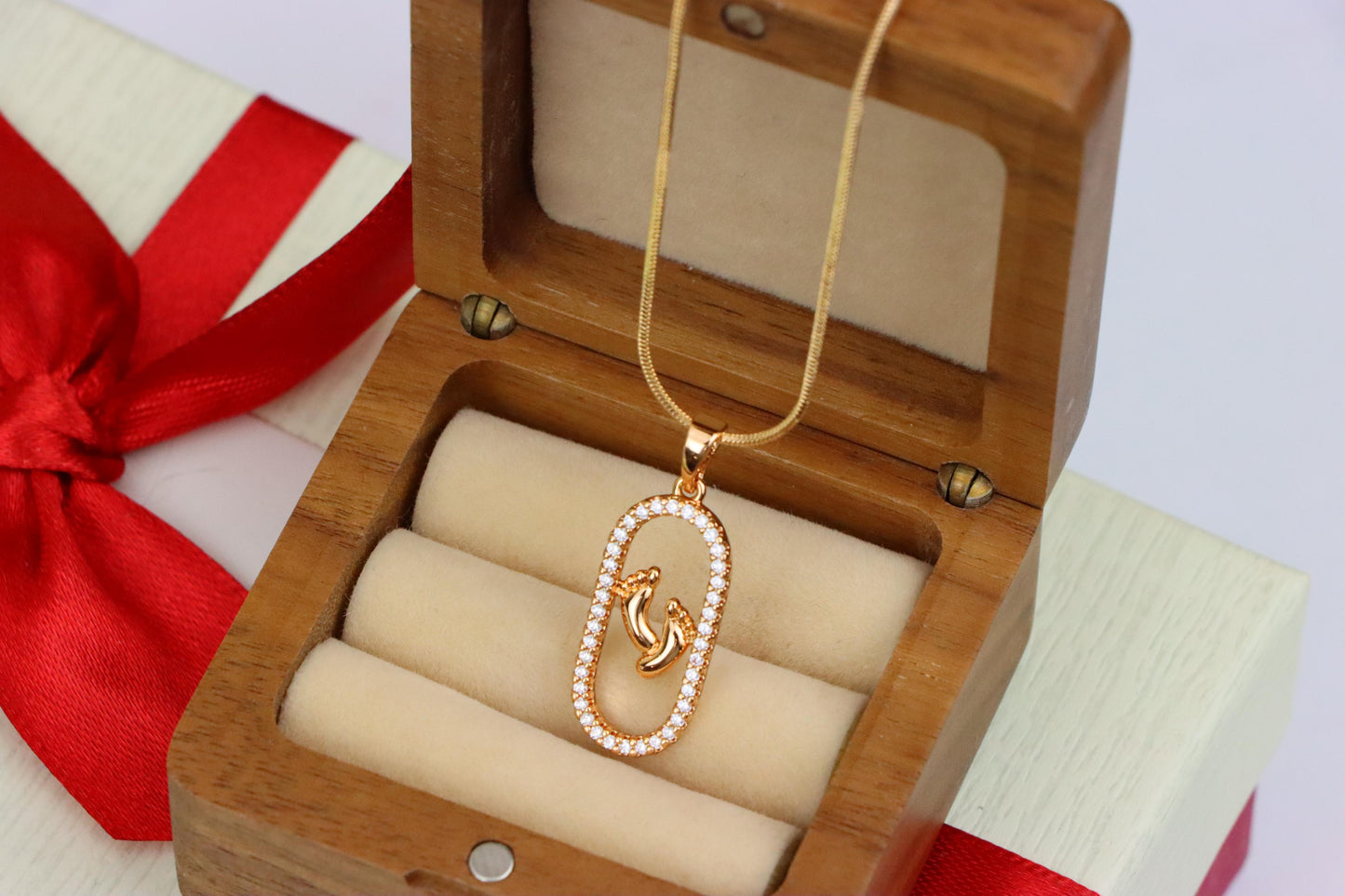 Rose Gold Baby Feet Pendant in Sparkling Oval Frame with CZ Accents, XPPT1528 (2142-1)